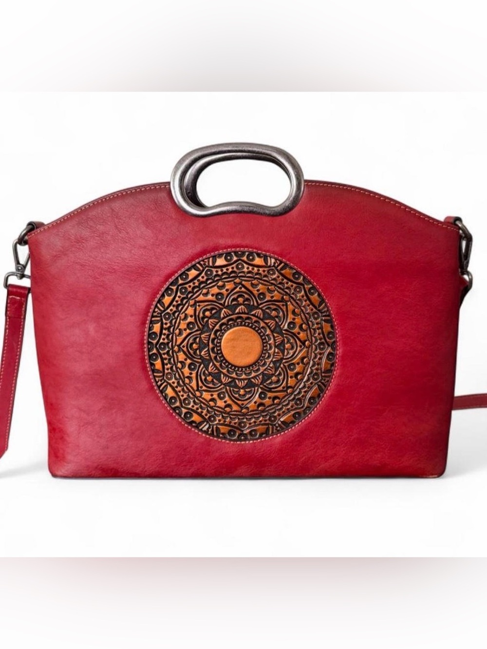 Red Leather Satchel with Embossed Medallion Detail Like New